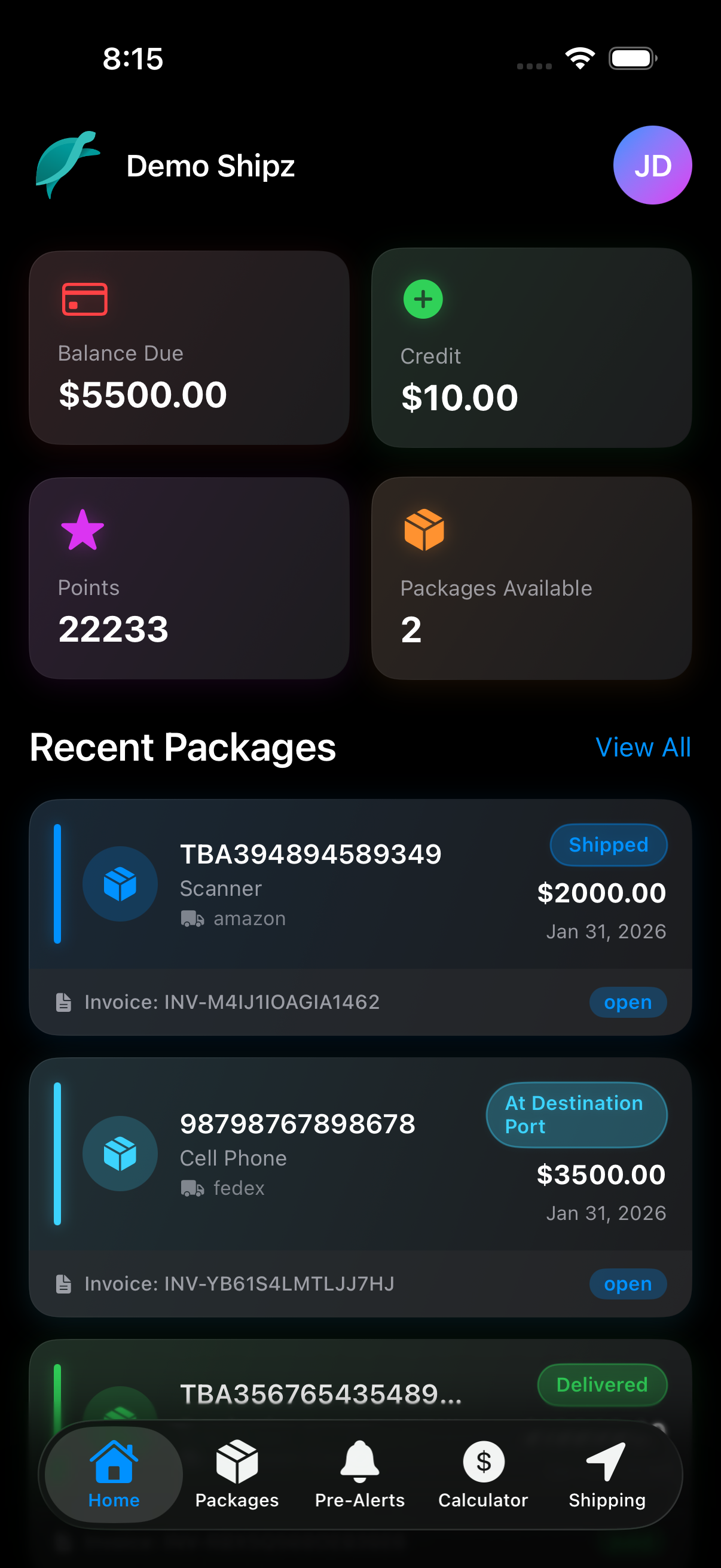 Sethwan mobile app showing package tracking dashboard